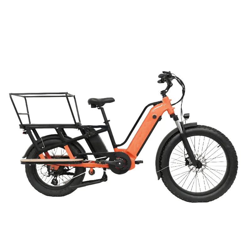 Rugged electric cargo bike with fat tires and LED lights for urban commuting and family errands