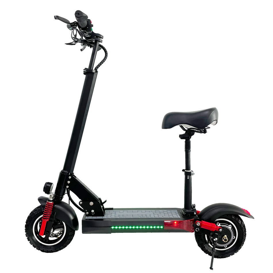 Electric scooter at night with bright LED headlights, brake lights, and water-resistant build for all-weather use