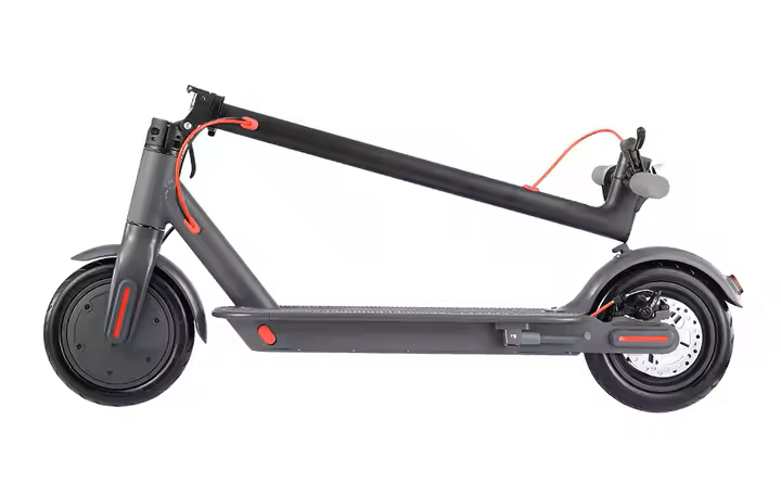 Compact folded electric scooter stored under desk or in trunk, highlighting space-saving design for commuters