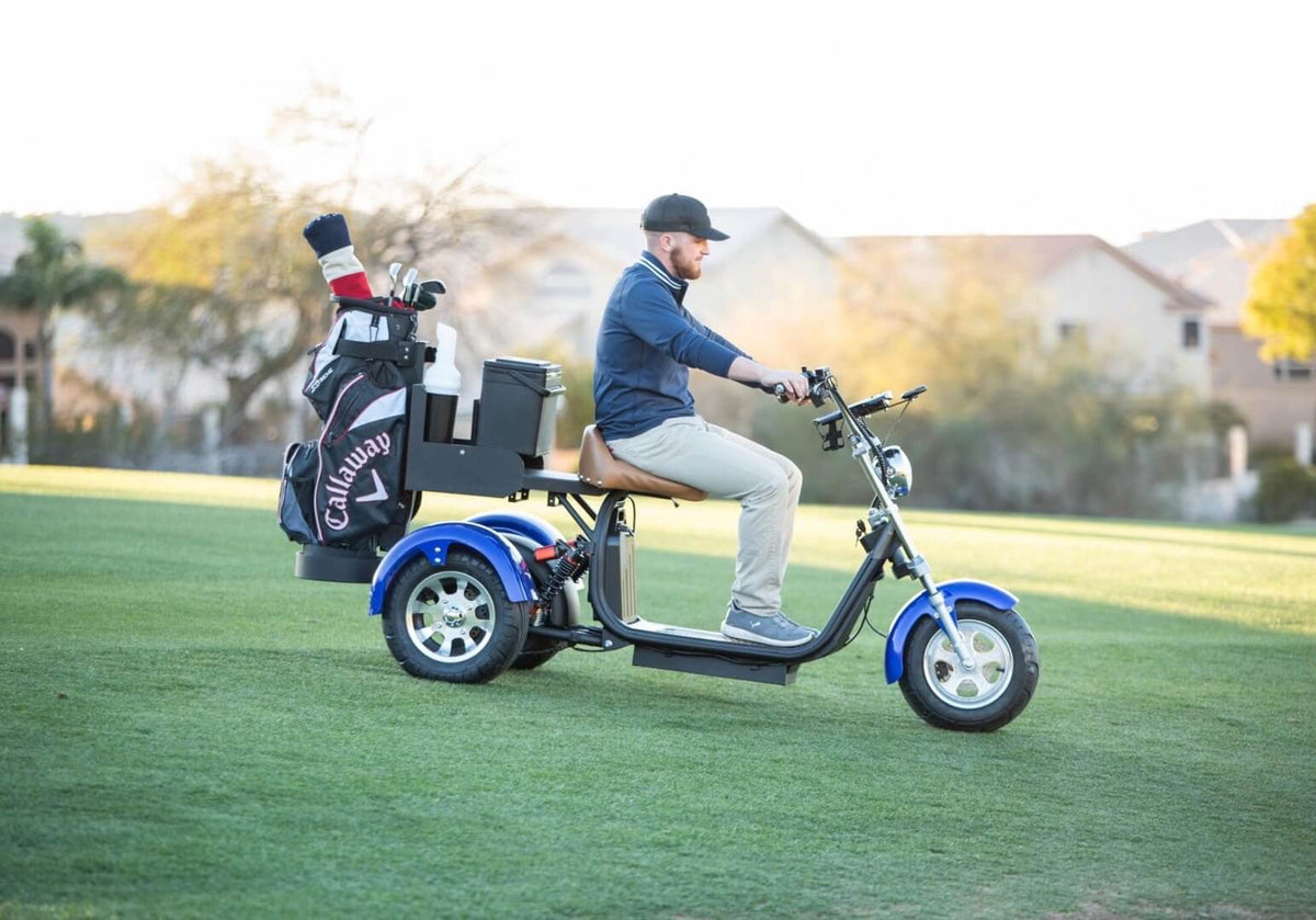 Electric golf bike hauling clubs, cooler, and accessories with 200kg max capacity