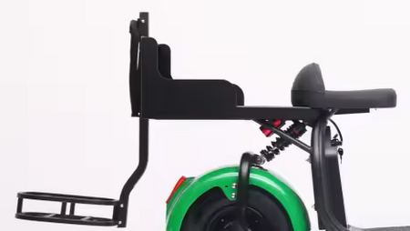 Dual-seat available electric golf scooter featuring rear storage box and hydraulic disc brakes for safety