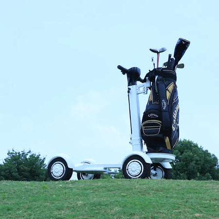 Foldable golf course scooter showing compact storage design (115x75x56cm packed size)