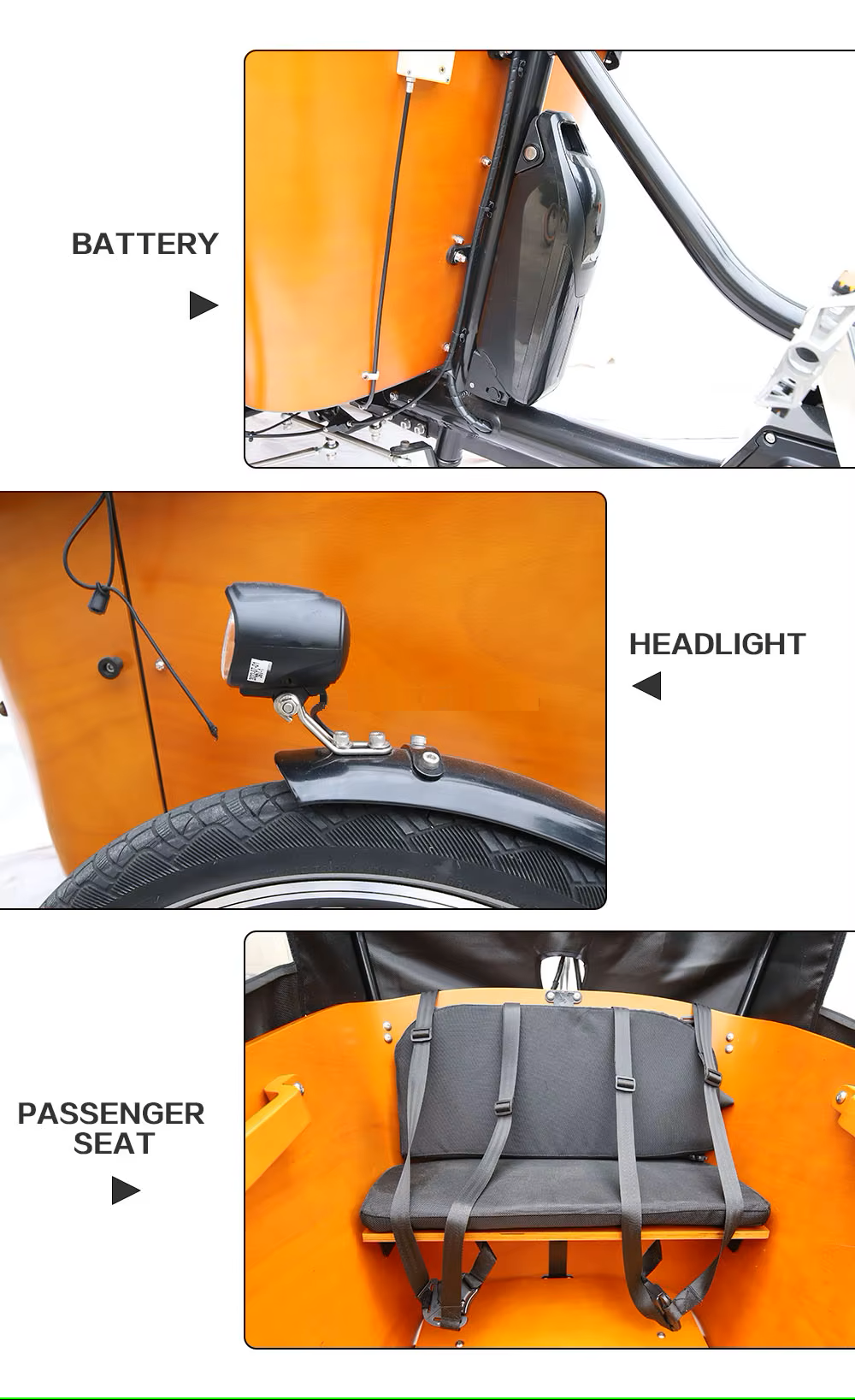 48V 13Ah lithium battery compartment on electric cargo trike frame