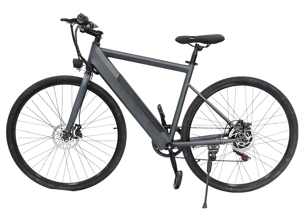 Electric bike with disc brakes, 7-speed Shimano shifters, and ergonomic grips for safe city commutes