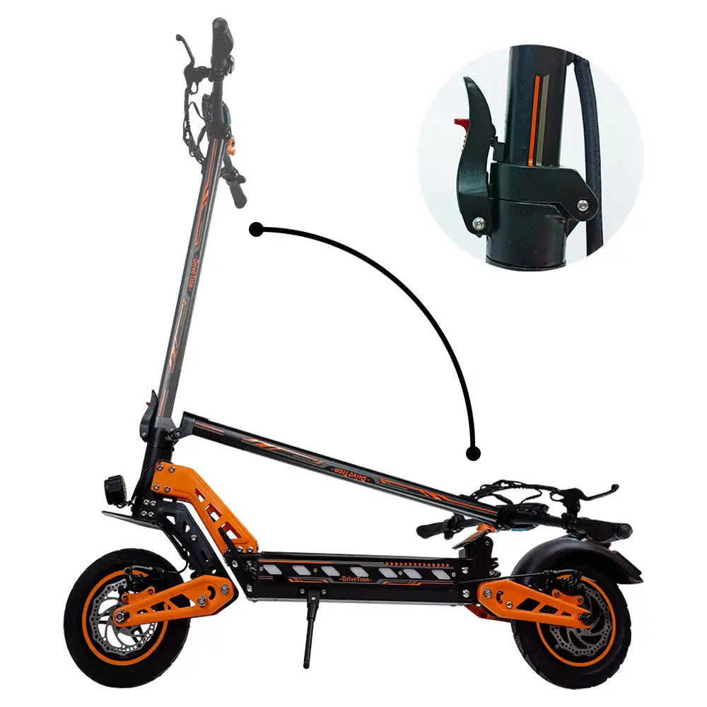 Close-up of scooter folding mechanism and locking latch