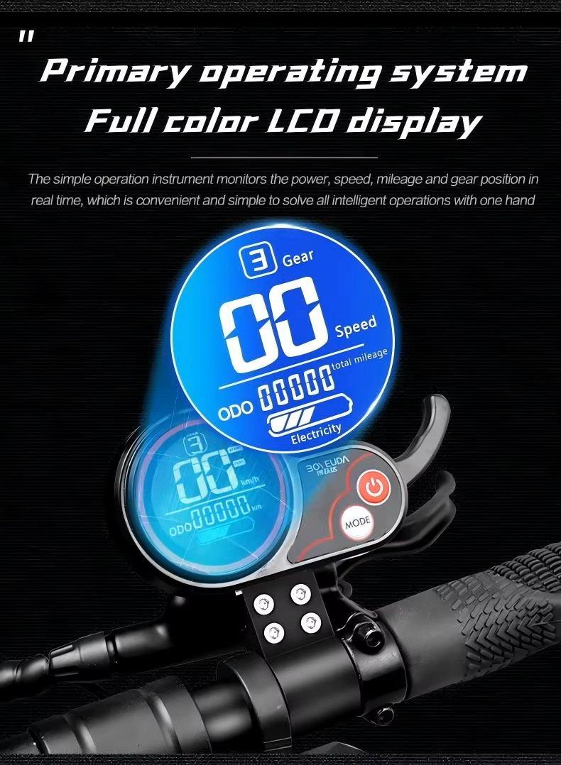 LCD dashboard display showing real-time speed, battery life, and ride metrics on a powerful e-scooter