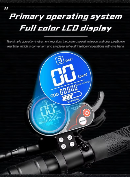 LCD dashboard display showing real-time speed, battery life, and ride metrics on a powerful e-scooter