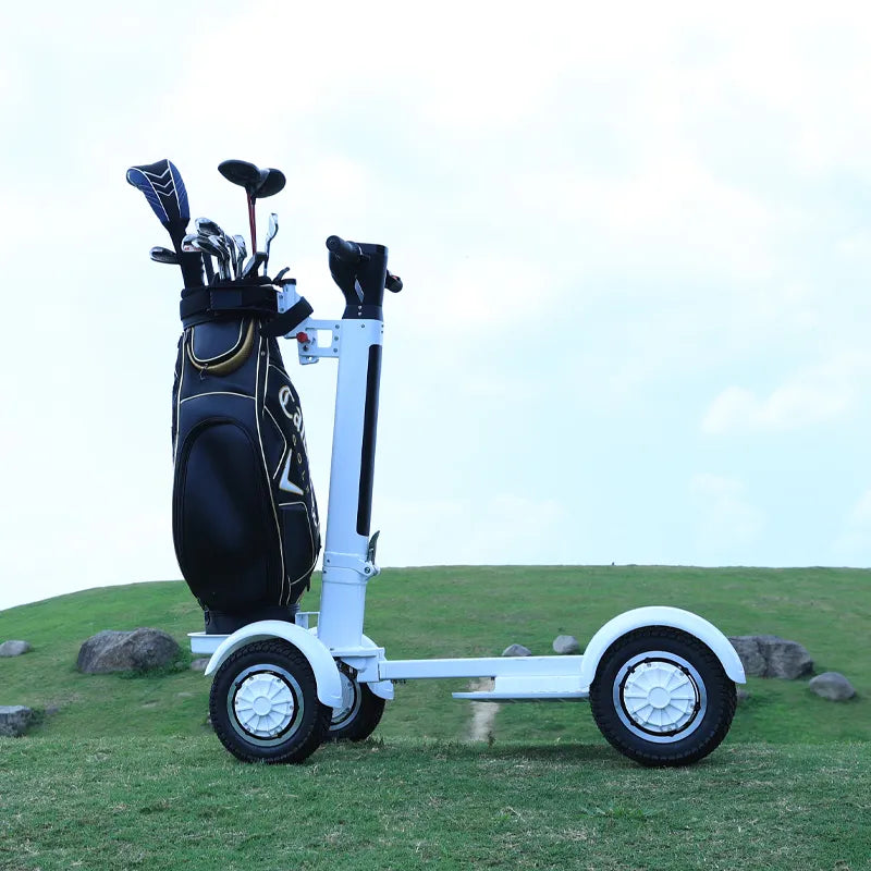 Side profile of 4-wheel stability scooter carrying 150kg golf bag on rugged fairway