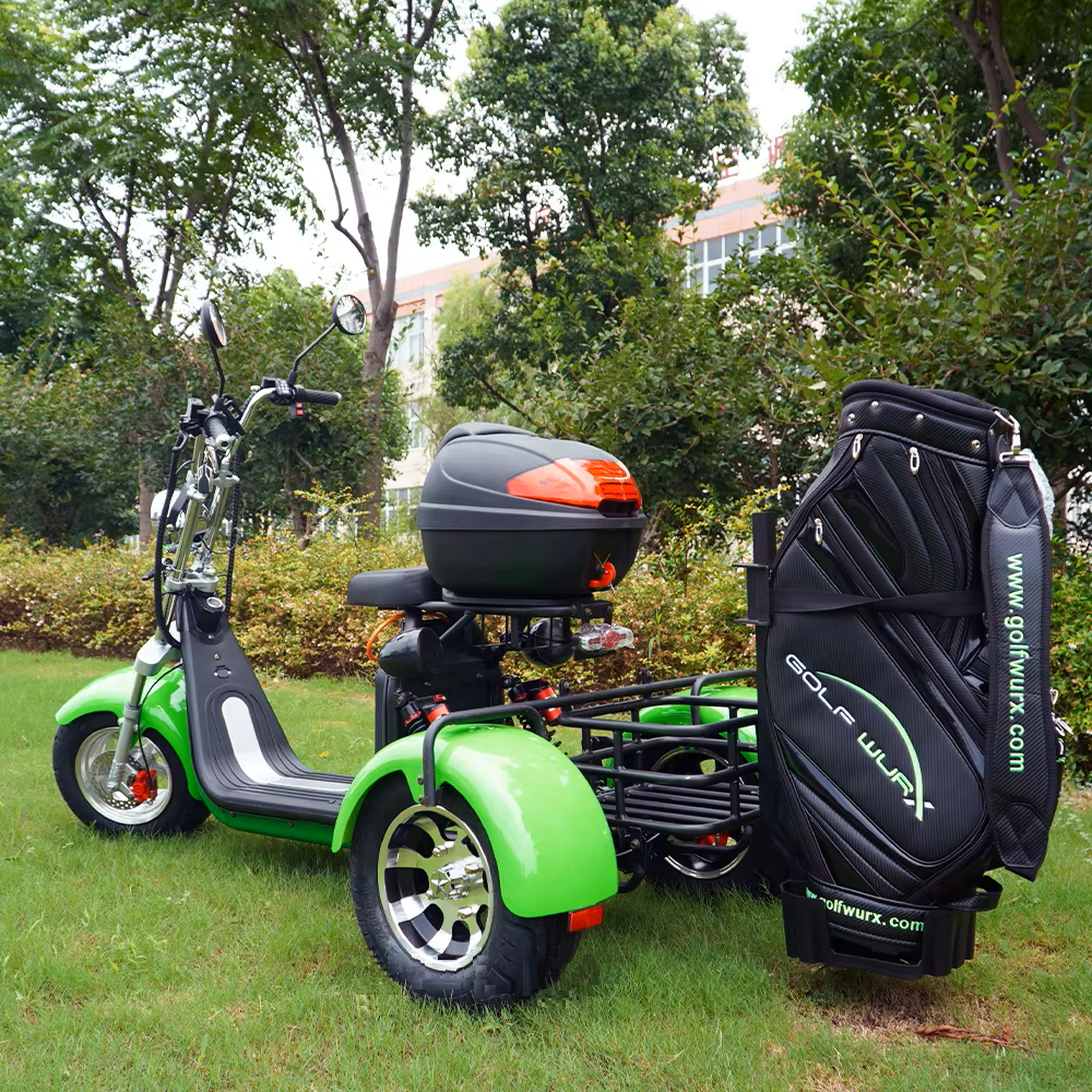 Golf-ready e-scooter with rear basket, LED lights, and hydraulic disc brakes for safety
