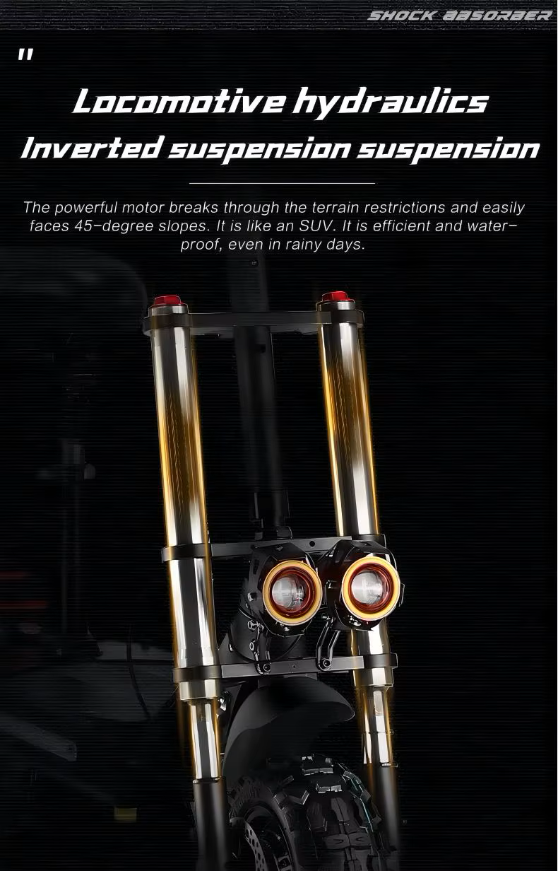 Long-range electric scooter with aircraft-grade aluminum frame and inverted hydraulic suspension for smooth commutes