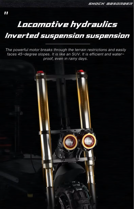 Long-range electric scooter with aircraft-grade aluminum frame and inverted hydraulic suspension for smooth commutes