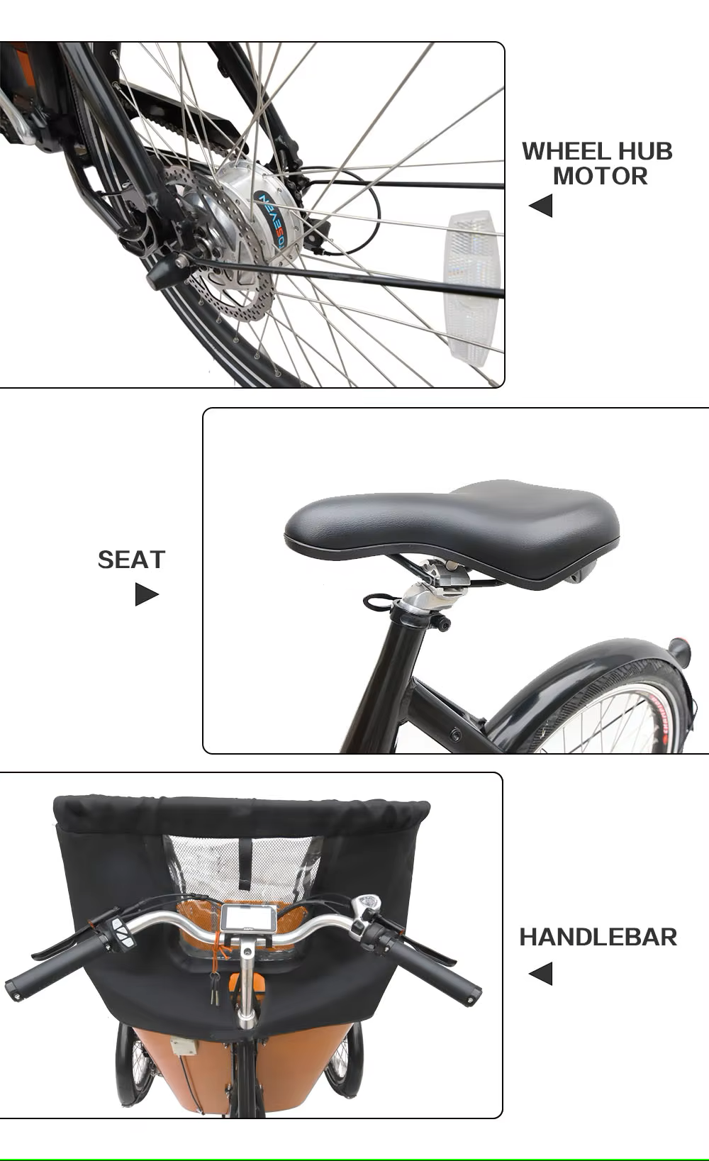 Bright LCD display and adjustable handlebars on tilt-stable e-trike dashboard