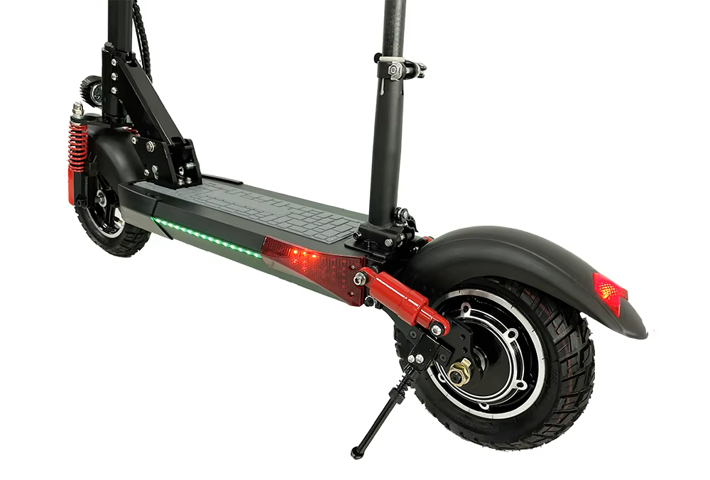 10-inch wide fat tires and front suspension on electric scooter for stability on gravel, bumps, or rough terrain
