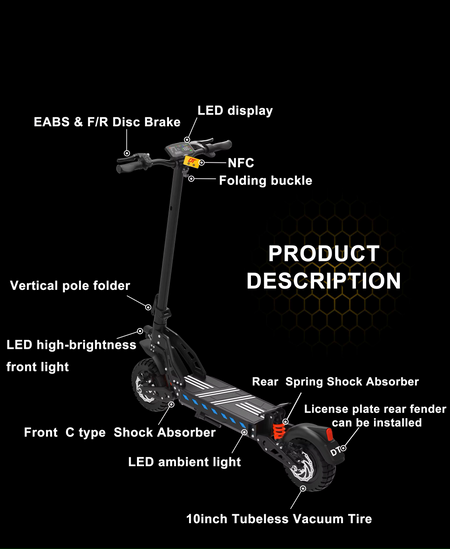 DT10 electric scooter highlighting dual disc brakes and EABS system