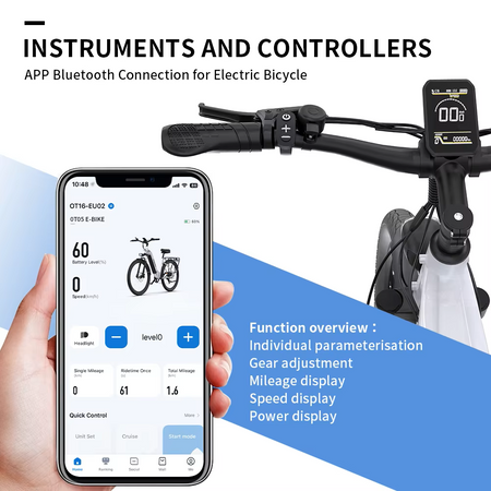blue tooth compatible - Bluetooth-enabled LCD display tracking speed, battery life, and distance on e-bike