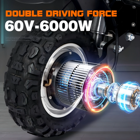 6000W dual-drive brushless motor and 60V38AH battery for extreme speed and 120km range