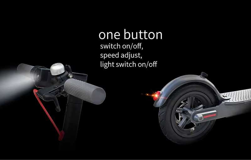Rear LED taillight and dual braking system on electric scooter for safe stops in rain or nighttime riding
