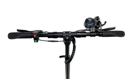 LED display on electric scooter showing speed, battery life, and USB charging port for on-the-go connectivity