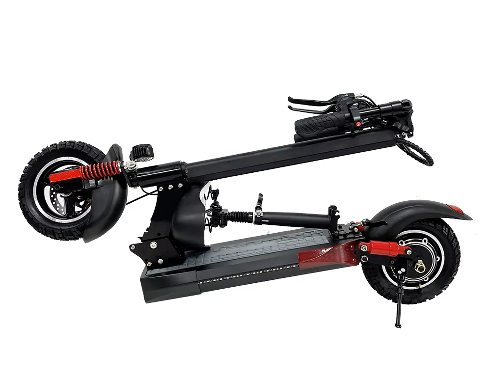 Folded electric scooter with double-locking system measuring 120x23x37cm for space-saving storage