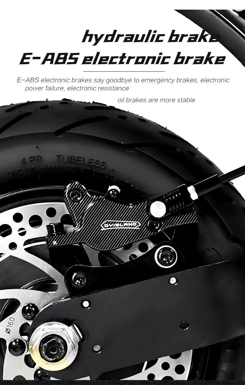 Hydraulic oil disc brakes with heat-resistant pads for high-speed electric scooter safety.