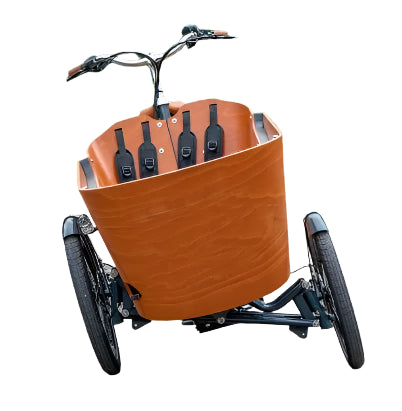 Electric cargo trike with tiltable front wheels and spacious cargo box for urban commuting