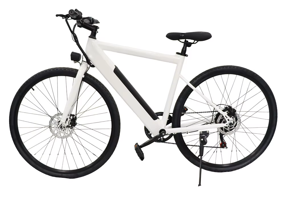 Steel-frame electric bike with 700x40mm tires and Shimano 7-speed gears for versatile terrain