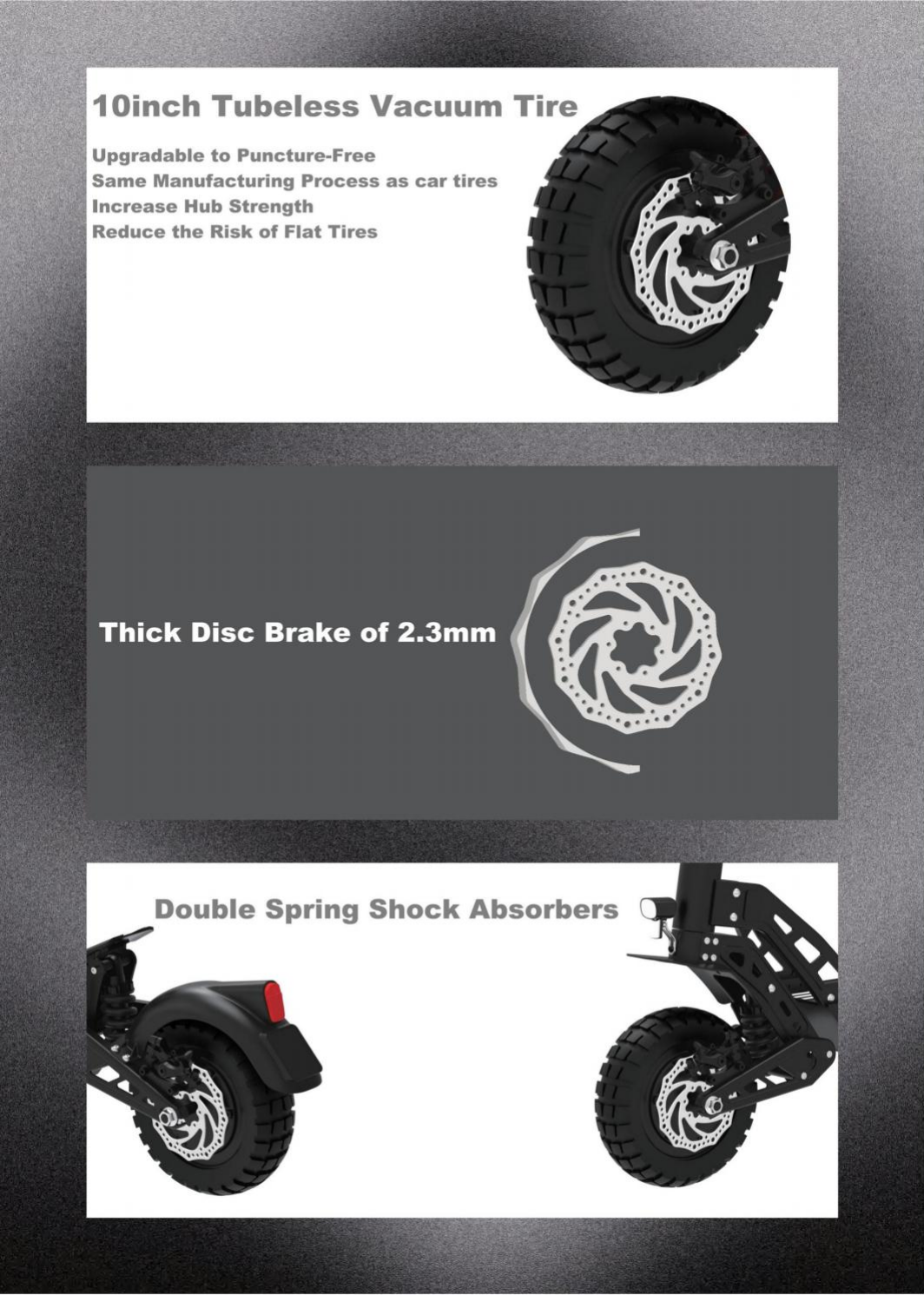 Detailed view of DT10's 10 inch off-road vacuum tires