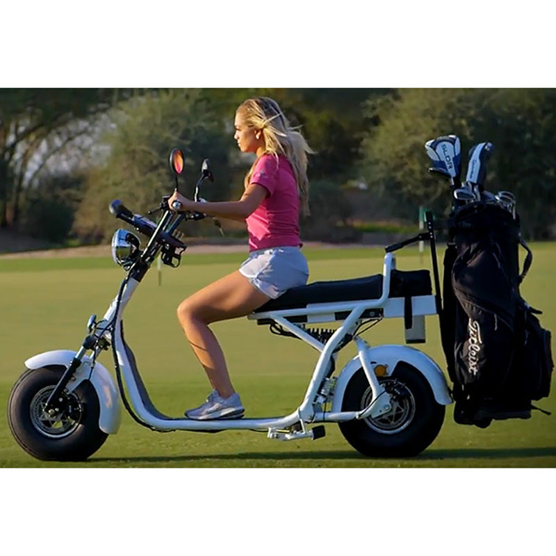 Two-seater electric golf scooter with ergonomic seating and storage for full-course comfort