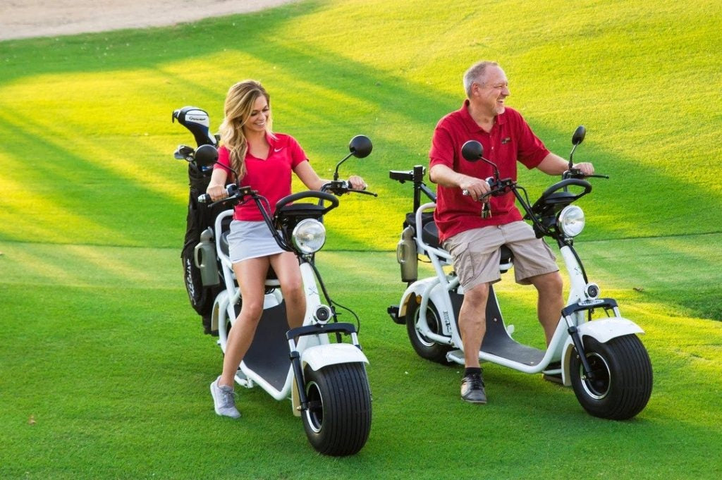 LED headlights and brake lights on rugged electric golf scooter for day/night visibility