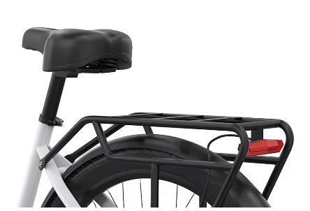 Sturdy rear rack supporting 100kg load for groceries or bags on e-bike and able to attached saddle bags or cargo at rear 